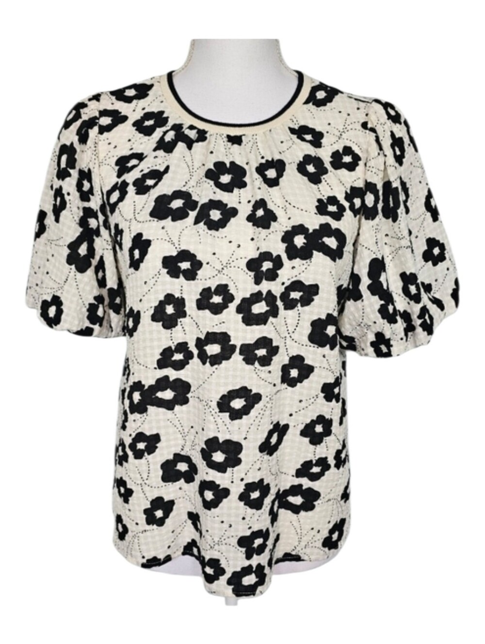 THML Cream Black Floral Seersucker Short Puff Sleeve Pullover Blouse Size XS